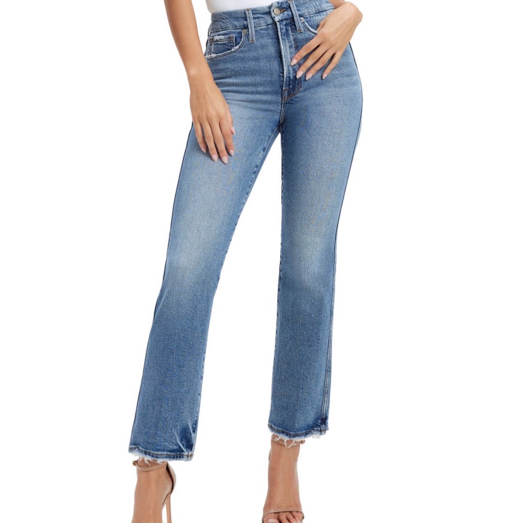 Good American Good Curve Straight Jeans Indigo338 Blue Raw Hem Size 15